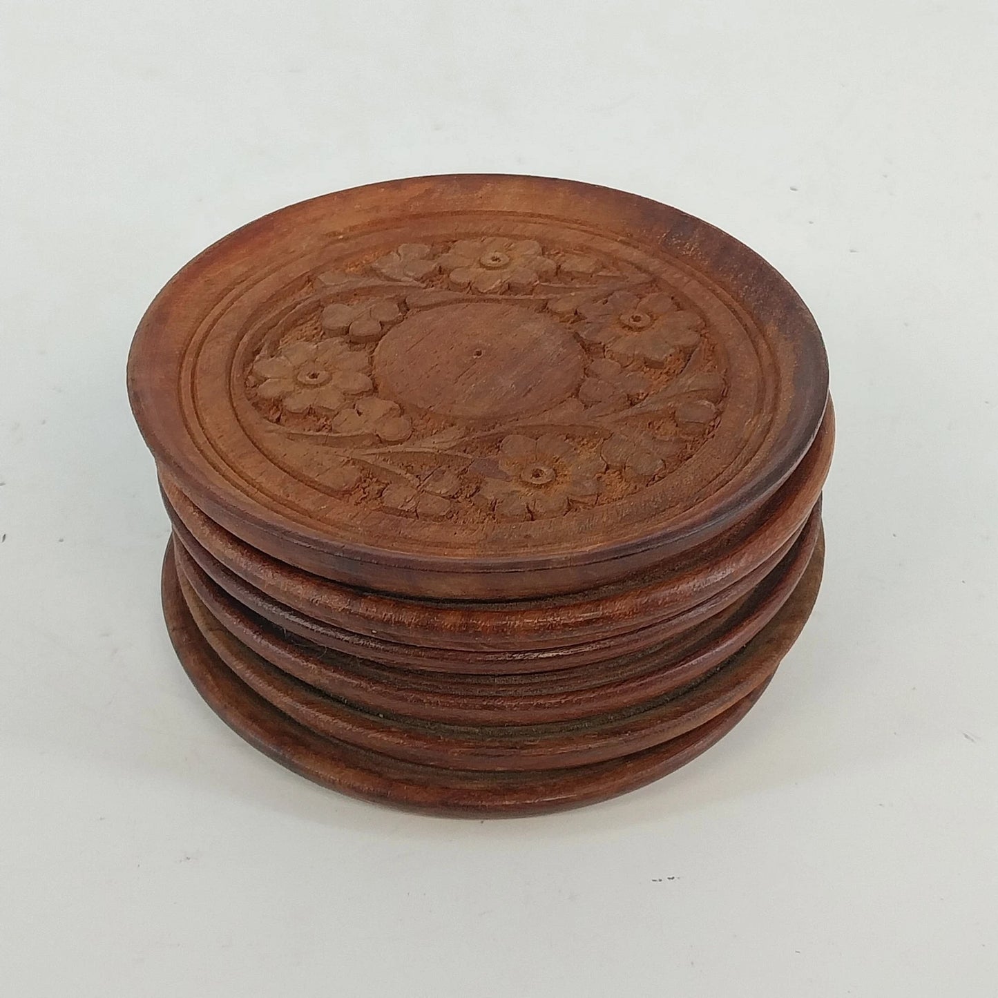 Indian Carved Natural Wooden Coasters Set 6 Floral Rustic Drink Disc 4" Vintage