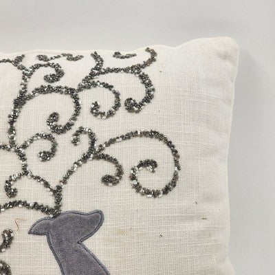 Mud Pie Pillow 13" Sq w Gray Beaded Bling Scrollwork Accent Christmas Reindeer