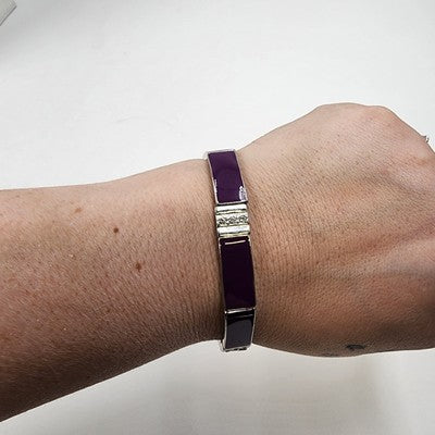 Silver Tone Purple Enamel Rhinestone Link Stretch Bracelet 3" Rectangle