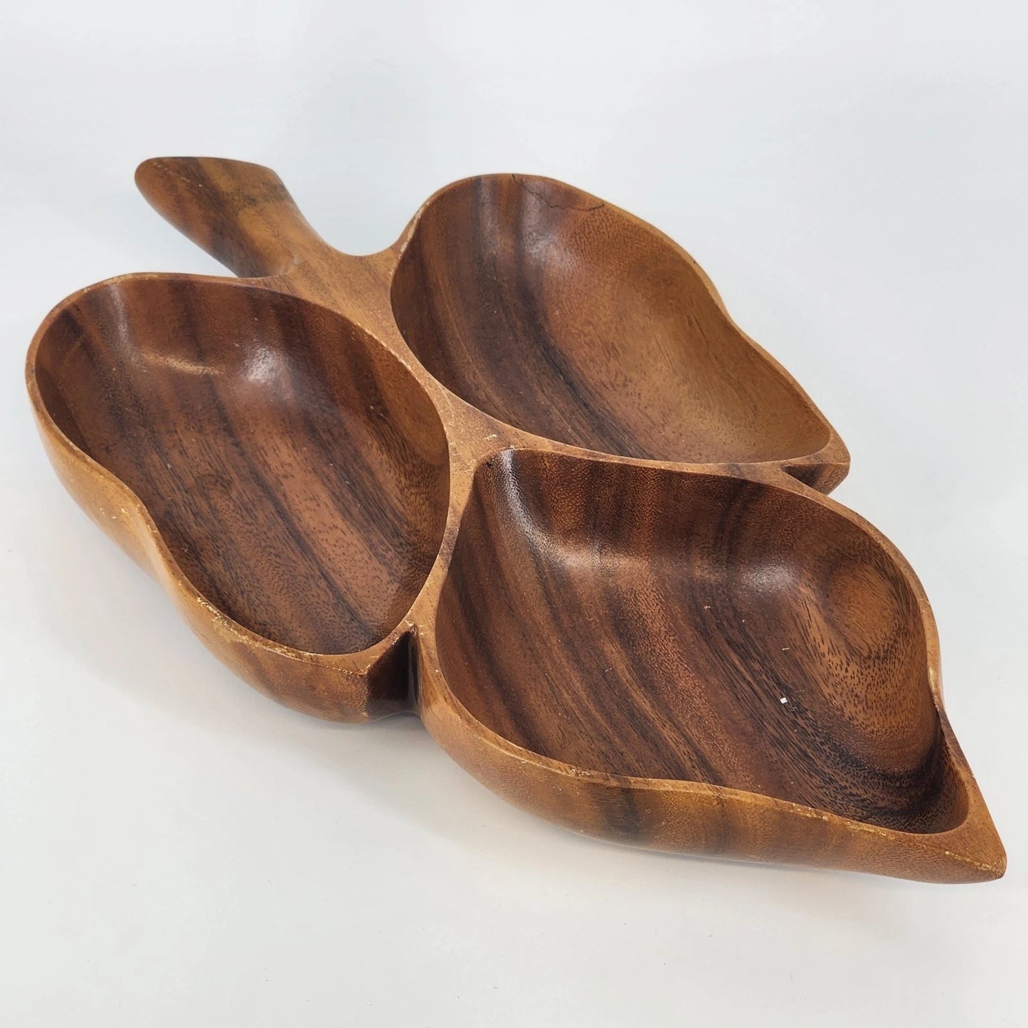 Hand Carved Natural Wooden Leaf Serving Tray 3-Section Divided Dish 16" Large