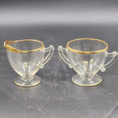 Crystal Clear Glass Sugar Bowl & Creamer 3.25" Gold Gilt Rim Scroll Handle
