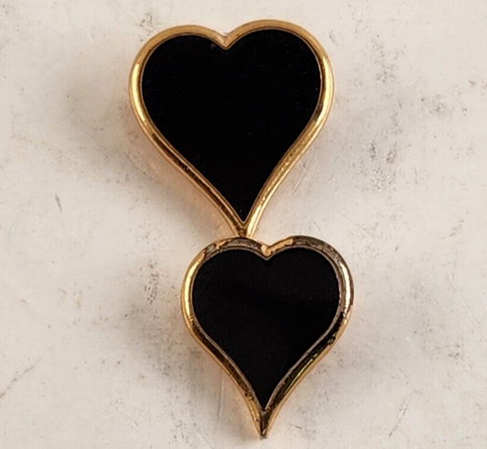 Set Of Two Sarah Coventry Black Heart Shaped Pins W/ Gold Ascents Vintage