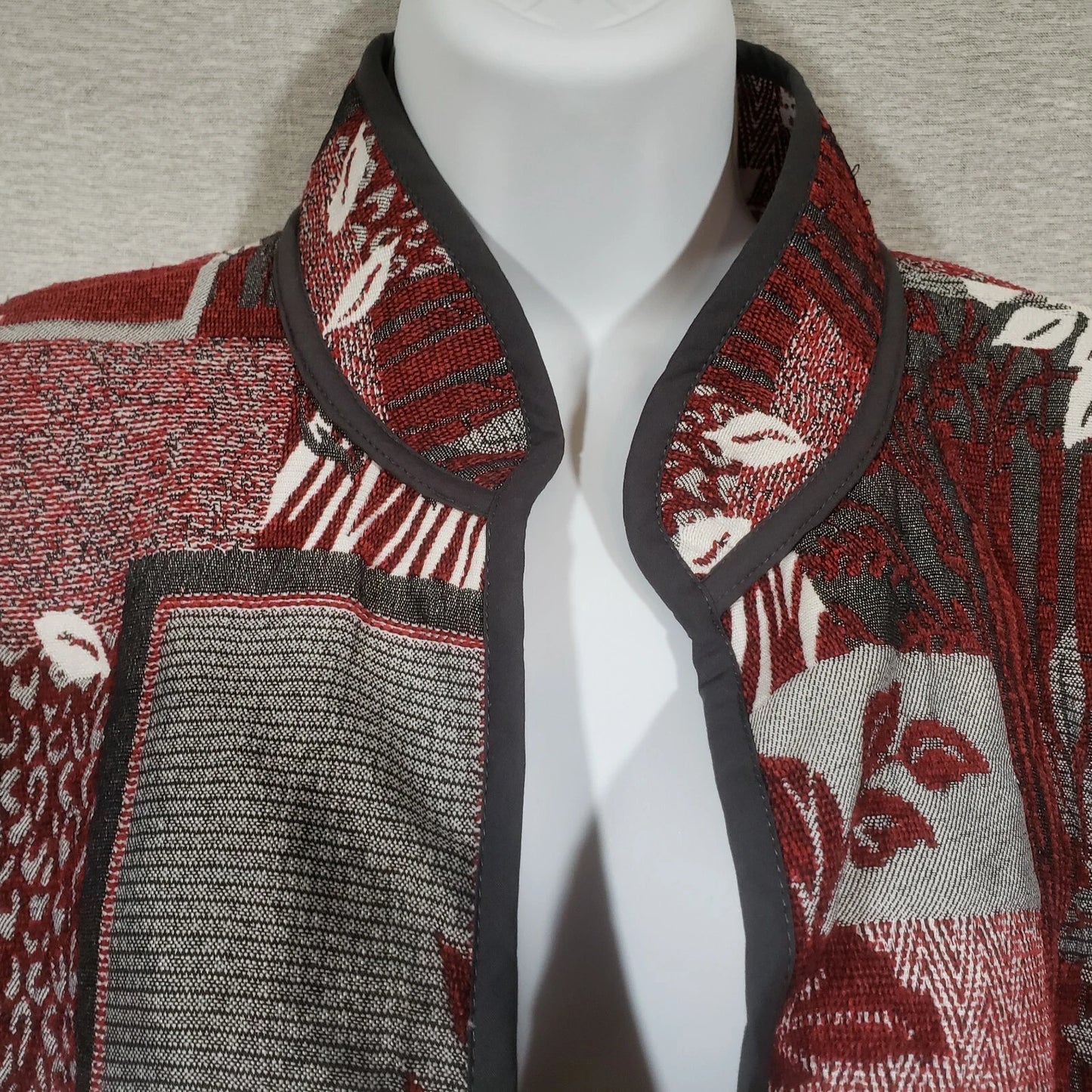 Bon Worth Womens Large Tapestry Weave Red Gray Block Print Blazer Jacket Unlined