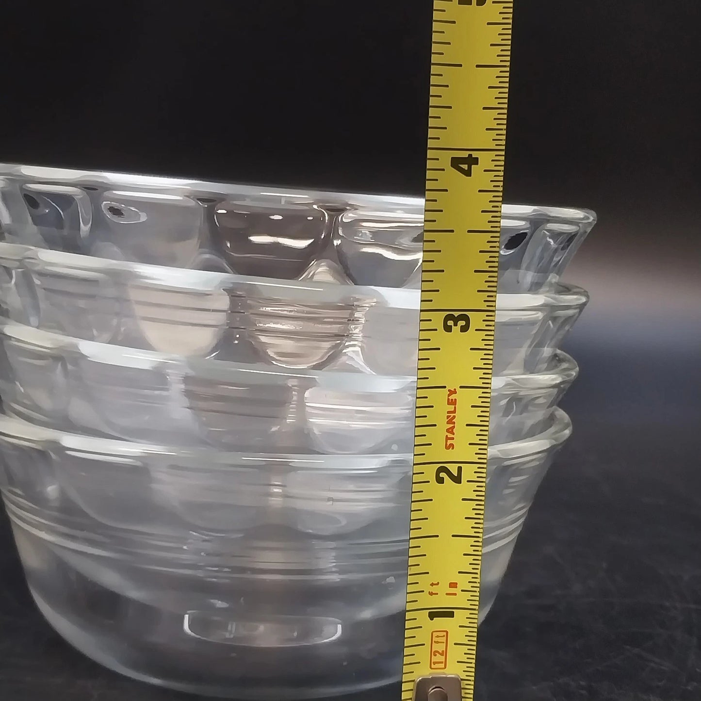 Pyrex 464 Clear Glass Custard Baking Bowls 4 Pcs Scalloped 3 Ring 10 oz USA Vtg