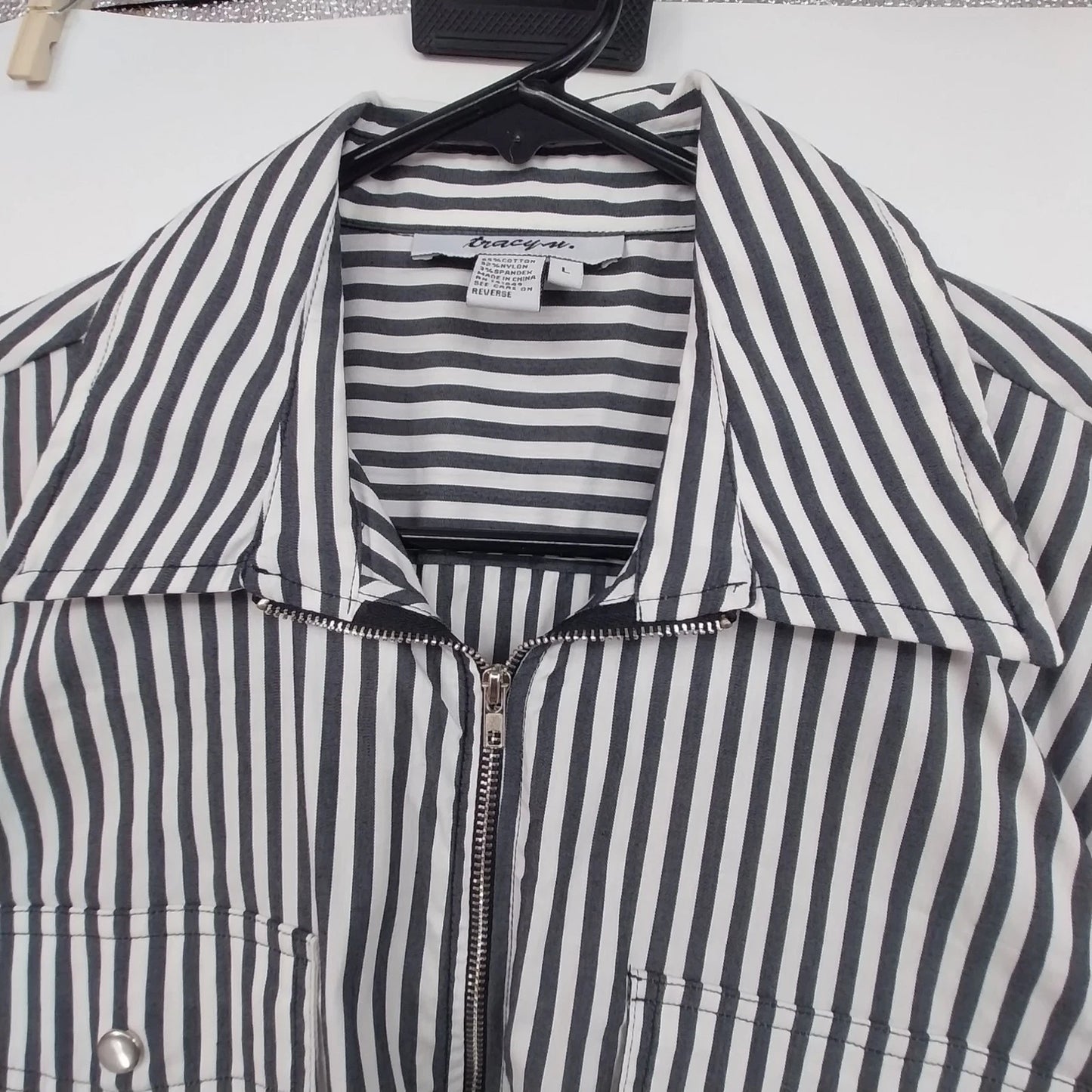 Tracy M Black White Striped Zip Front Blouse Women Large