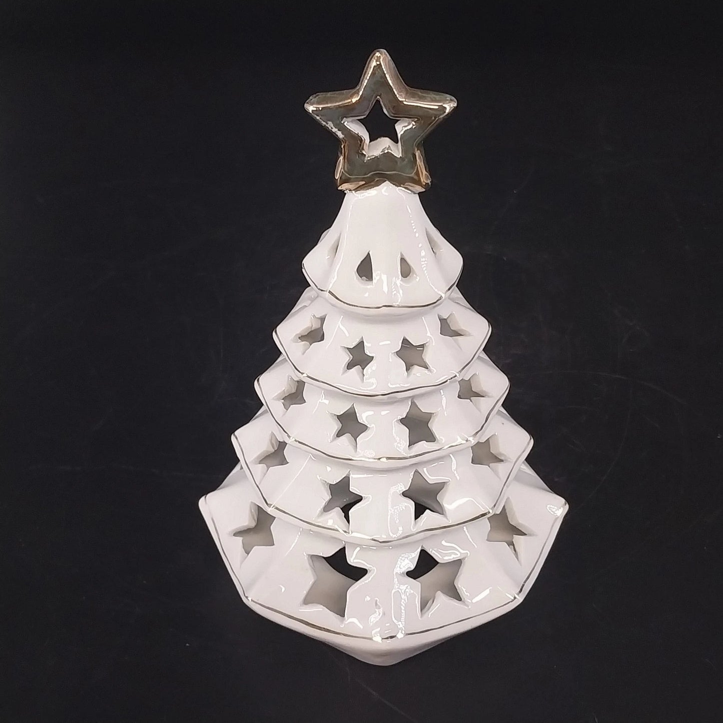 White Ceramic Christmas Tree Tea Light Holder Gold Star Cutouts 6.5" Holiday