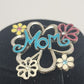 Silver Tone MOM Brooch Multicolor Enamel Flowers with Rhinestones 1.5" x 1.5"