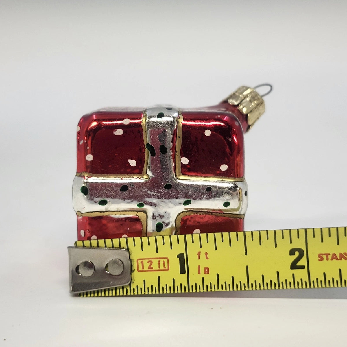 Czech Glass Christmas Present Gift Box Ornament Red Hand Painted 1.75" Vintage