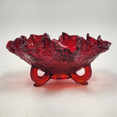 Fenton Ruby Red Glass Bowl 8" Wide Leaf Flowers Footed Dish Ruffled Edge