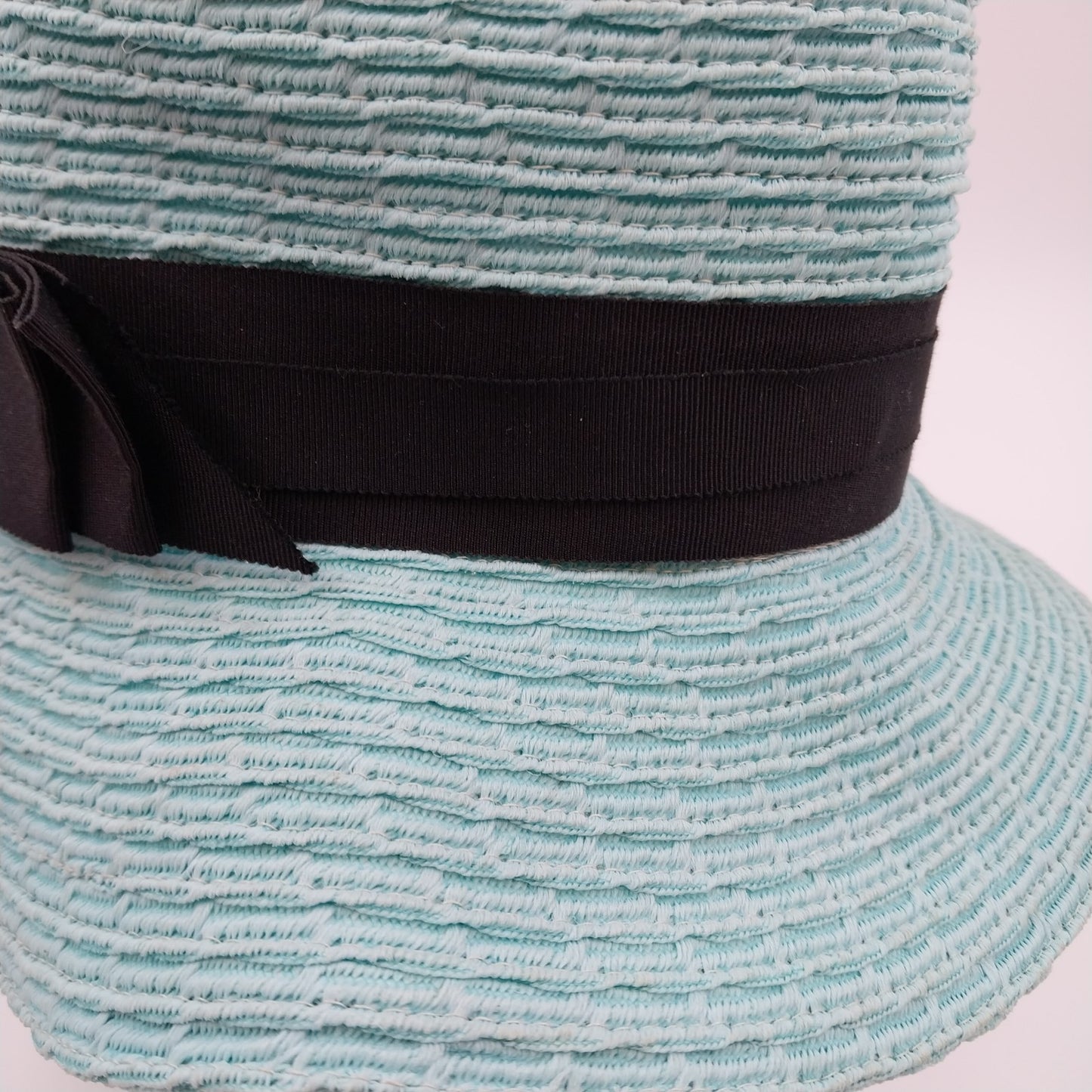 Rike's Light Blue Teal Woven Paper Straw Summer Hat with Black Ribbon Bow Accent