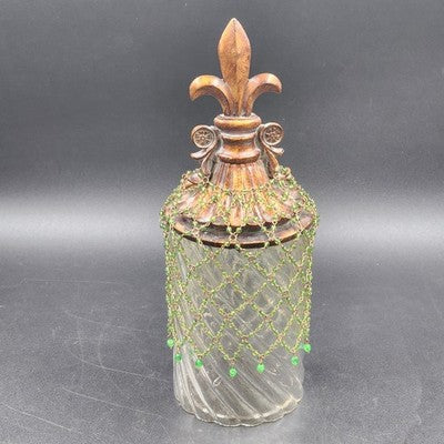 Clear Glass Swirl Decorative Jar w Carved Wood Fleur De Lis Lid & Beaded Chain