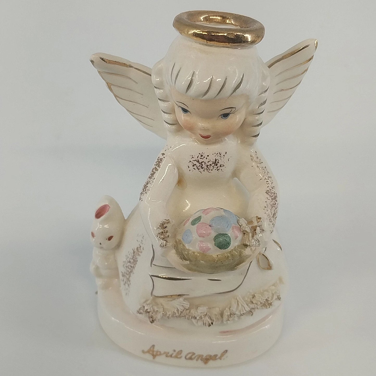 Napco April Angel A1364 Easter Bunny Egg Basket Figurine 4" Japan Vintage