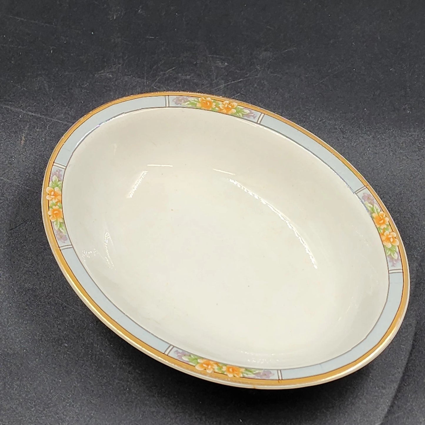Nebraska Blue Oval Vegetable Bowl 10" England Blue Rim Flower Accent J&G Meakin