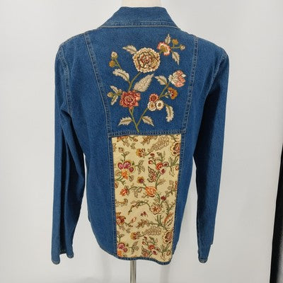 Country Door Blue Denim Jacket XL Floral Embroidery Wood Button Front Women's