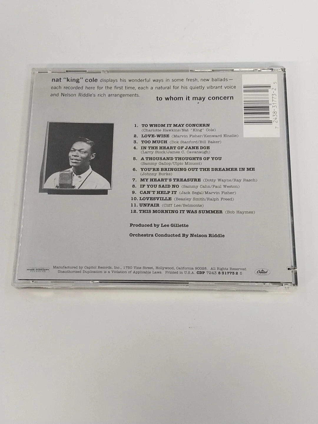 Nat King Cole To Whom It May Concern CD Capitol Nelson Riddle Lee Gillette 1995