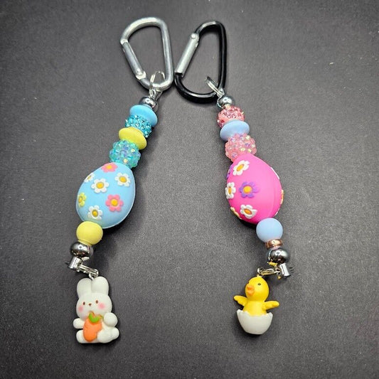 2 Key Ring Bag Charm Easter Egg Duck Bunny Beaded D Ring Handmade Gift Clip Gift