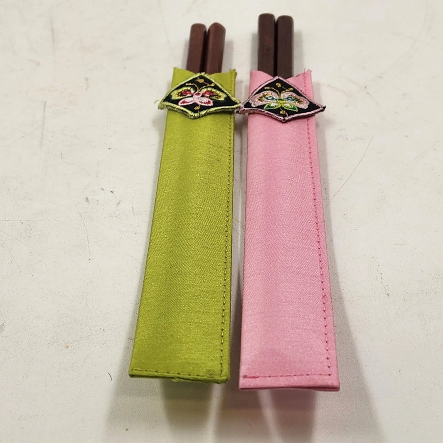 Japanese Wood Chopstick 3 Sets Kokeshi Doll Rest Butterfly Fabric Pouch Gift Vtg