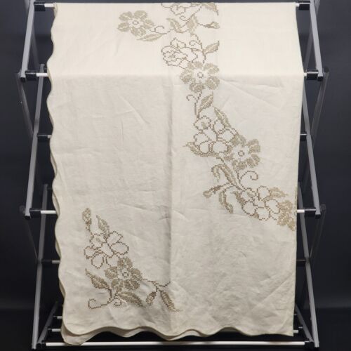 Linen Tablecloth Ecru with Tan and Beige Cross Stitch Floral Pattern 65" x 50"