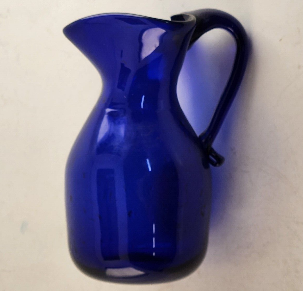 Cobalt Blue Glass Pitcher Heart Shaped Trimmed Rim Handle Vintage Unbranded