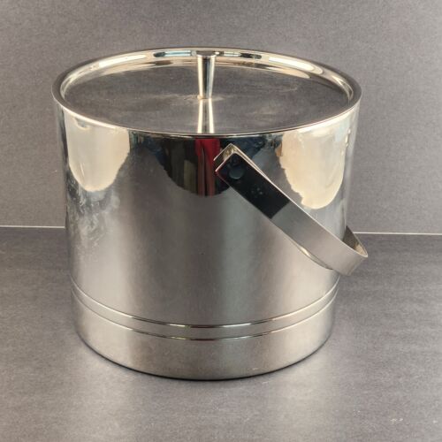 Ice Bucket With Lid and Handle Stainless Steel Unmarked Vintage Two Piece