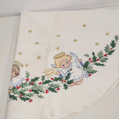 Holly & Angels 42" Round Christmas Tablecloth Counted Cross Stitch Stars
