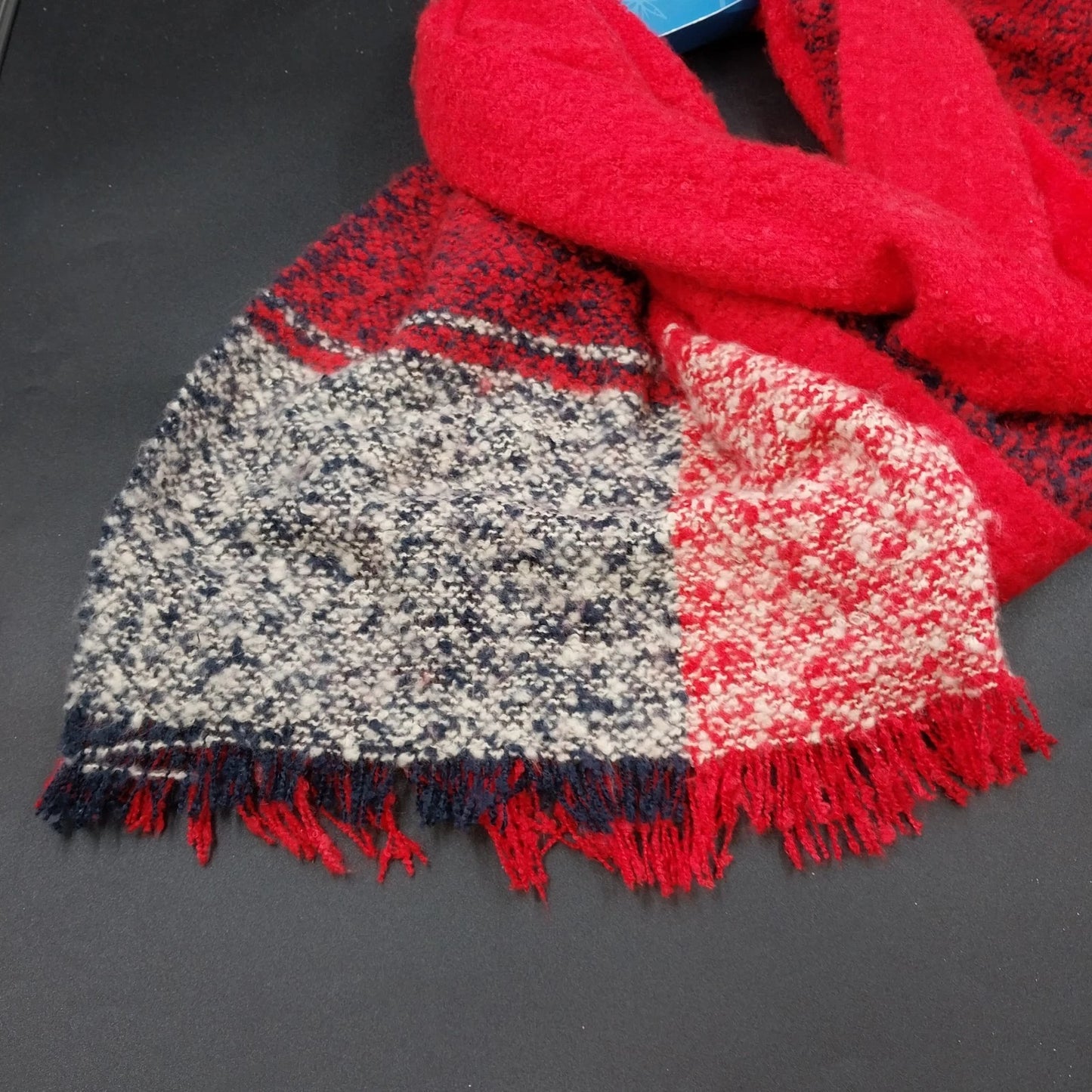 James Paul Cashmere Wool Scarf Red White Navy Striped Fringe Unisex Winter 72"