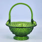 Vintage Fenton Green Glass Basket Diamond Fruit Ruffled Edge Bowl