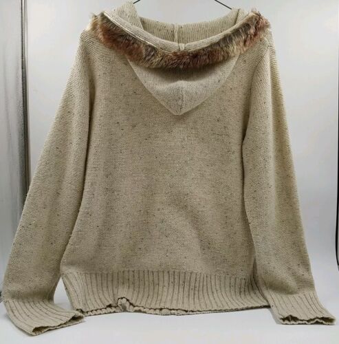 Relativity Women’s Sweater Size XL Beige with Brown Accents Fur Hood Zip Front