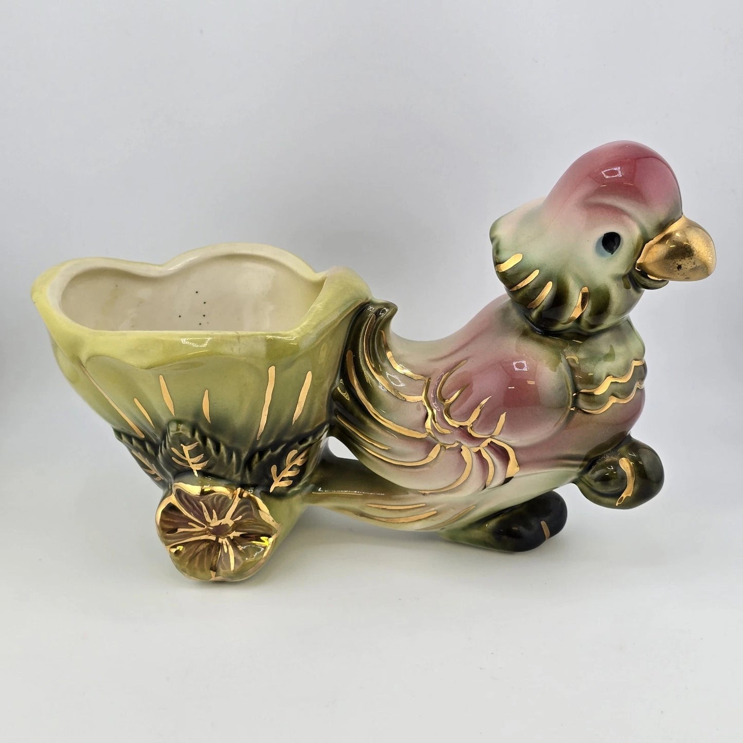 Hull Pottery No 60 Planter Parrot Flower Cart 6" Pink Green w Gold Trim USA