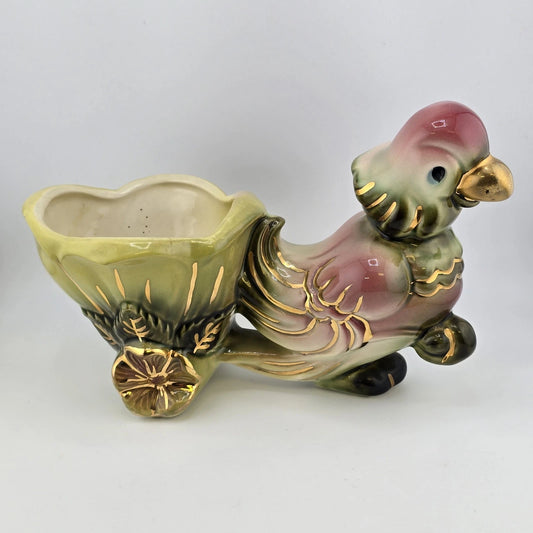 Hull Pottery No 60 Planter Parrot Flower Cart 6" Pink Green w Gold Trim USA