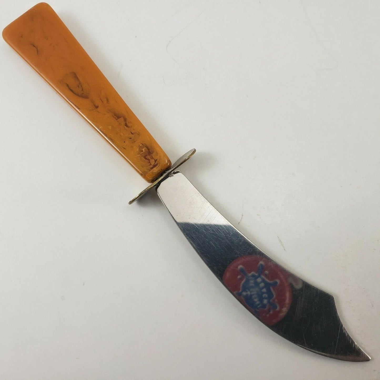 Butter Cheese Knife Hand Painted Bakelite Handle Pink Flowers 5¾" Stainless Vtg