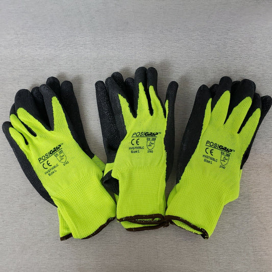 3 Pairs Hi-Vis Lime Knit Gloves Black Latex Palm Coated Large Size New
