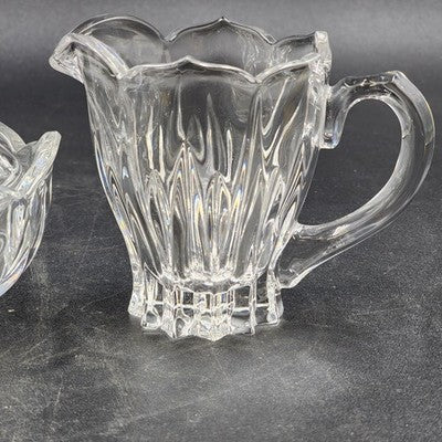 Gorham Crystal Lotus Pattern Creamer & Sugar Bowl with Lid Vtg Glass Set Germany
