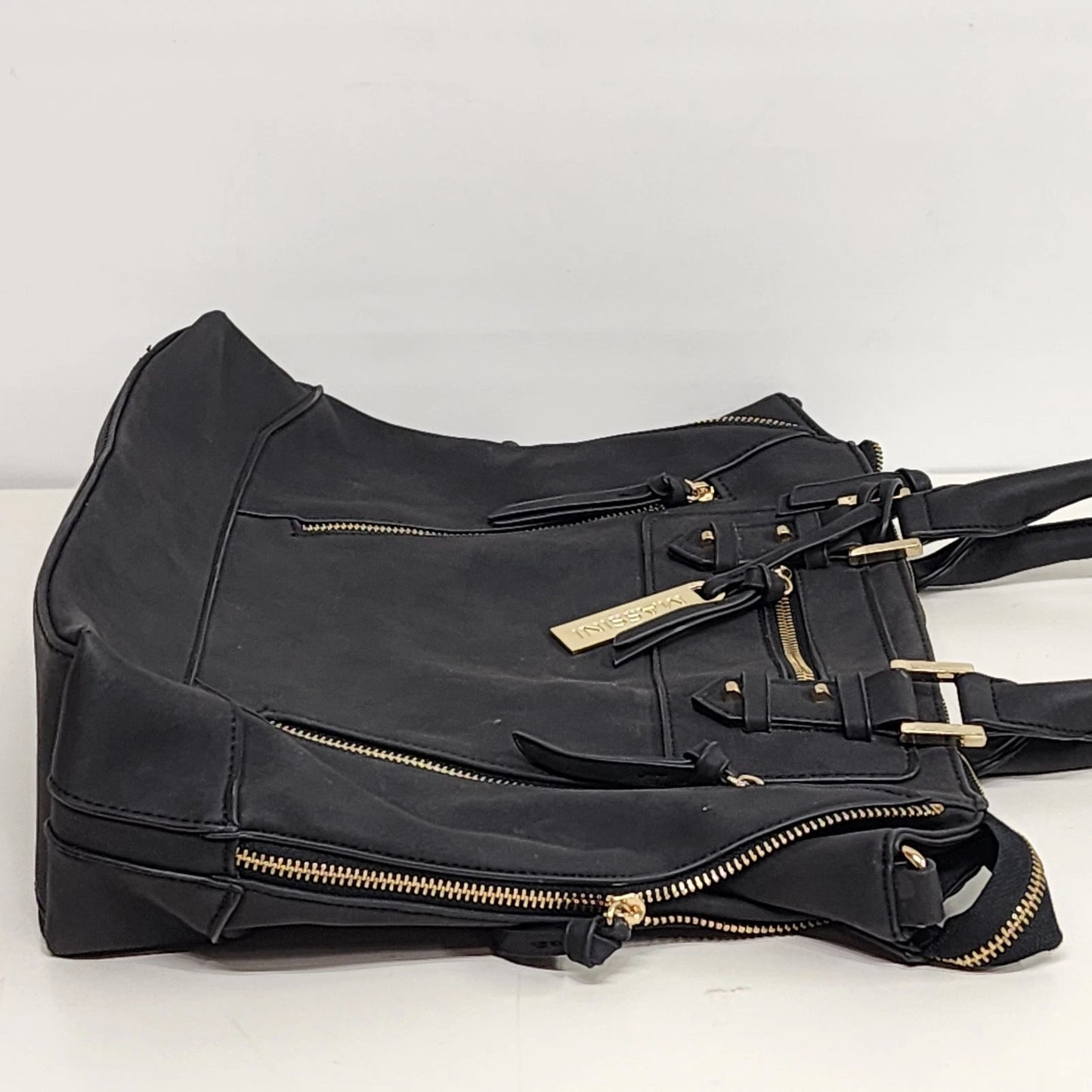 Massini Black Faux Leather Tote Handbag 16in Gold Tone Zipper
