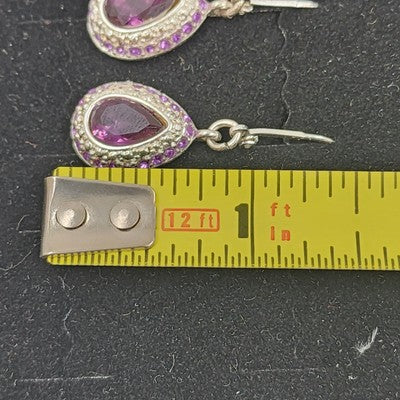 Silver Tone Chain Pear Cut Dangle Purple Rhinestone Amethyst Necklace & Earrings