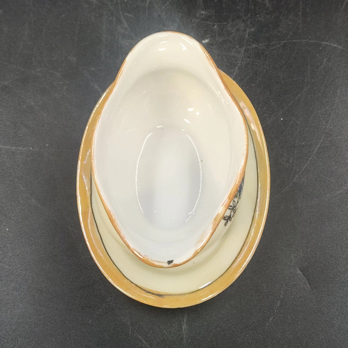 Porcelain Gravy Boat w Underplate 4.5" Floral Cream Orange Gold Trim Japan