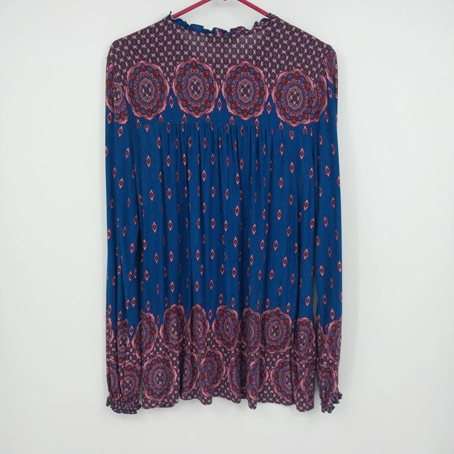 Vintage America Blues Women's Geometric Peasant Top Blue Pink Boho Size L