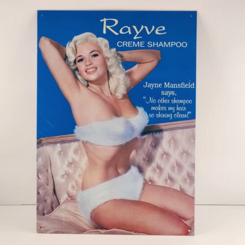 Jane Mansfield RAYVE Shampoo Vintage Advertising Pin Up Tin Ad Sign 11" x 15"