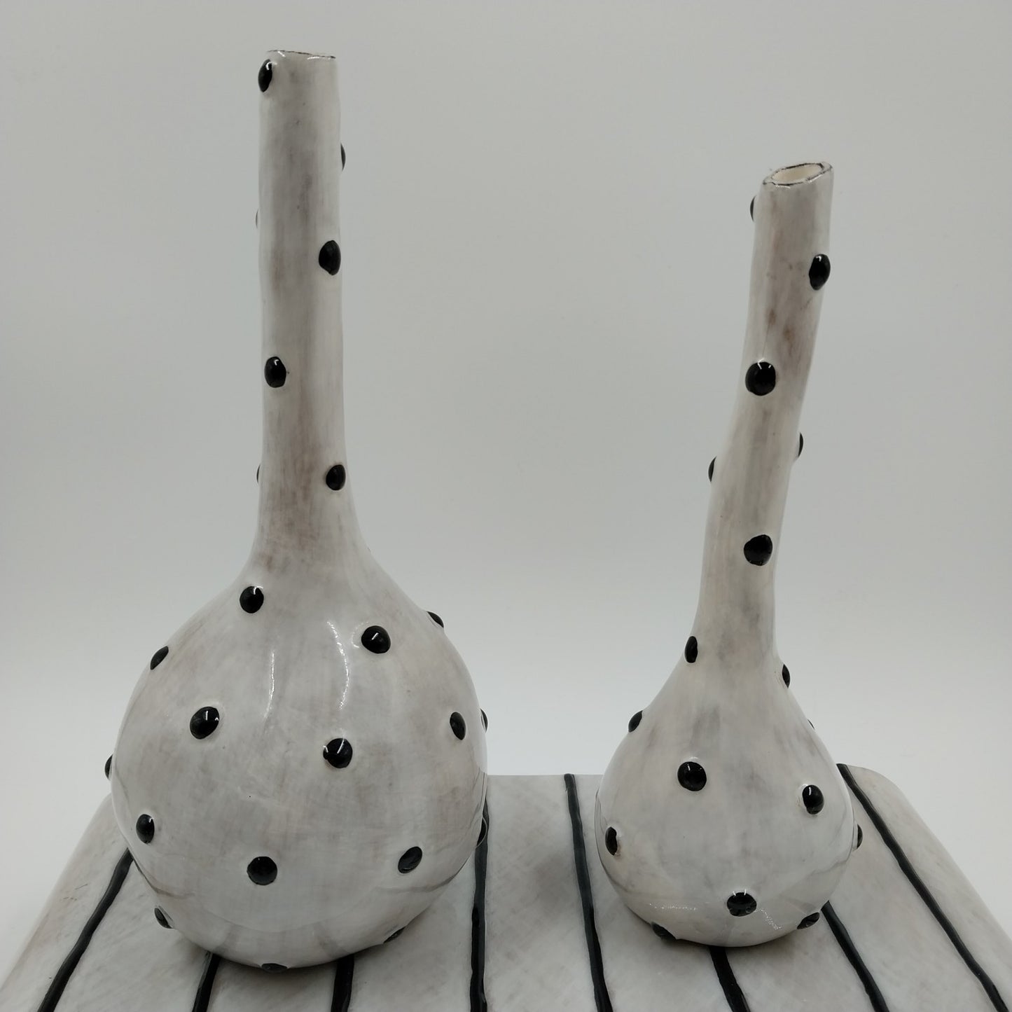 Studio B White Black Polka Dots Art Design with Striped Table Ceramic Vase Set