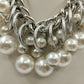 Plunder Knot Cord & White Faux Pearl Chunky Beaded Necklace Silver Tone Chain 8"