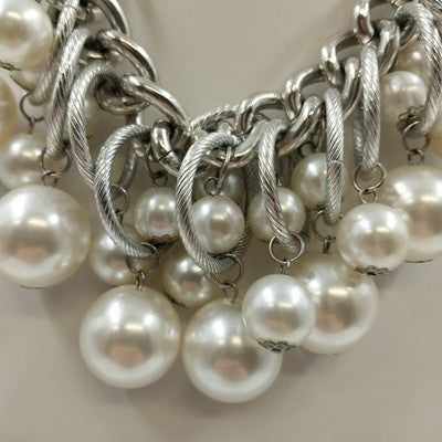 Plunder Knot Cord & White Faux Pearl Chunky Beaded Necklace Silver Tone Chain 8"