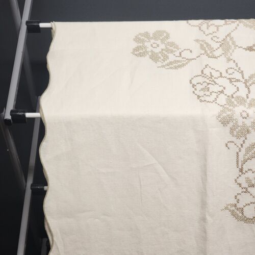 Linen Tablecloth Ecru with Tan and Beige Cross Stitch Floral Pattern 65" x 50"