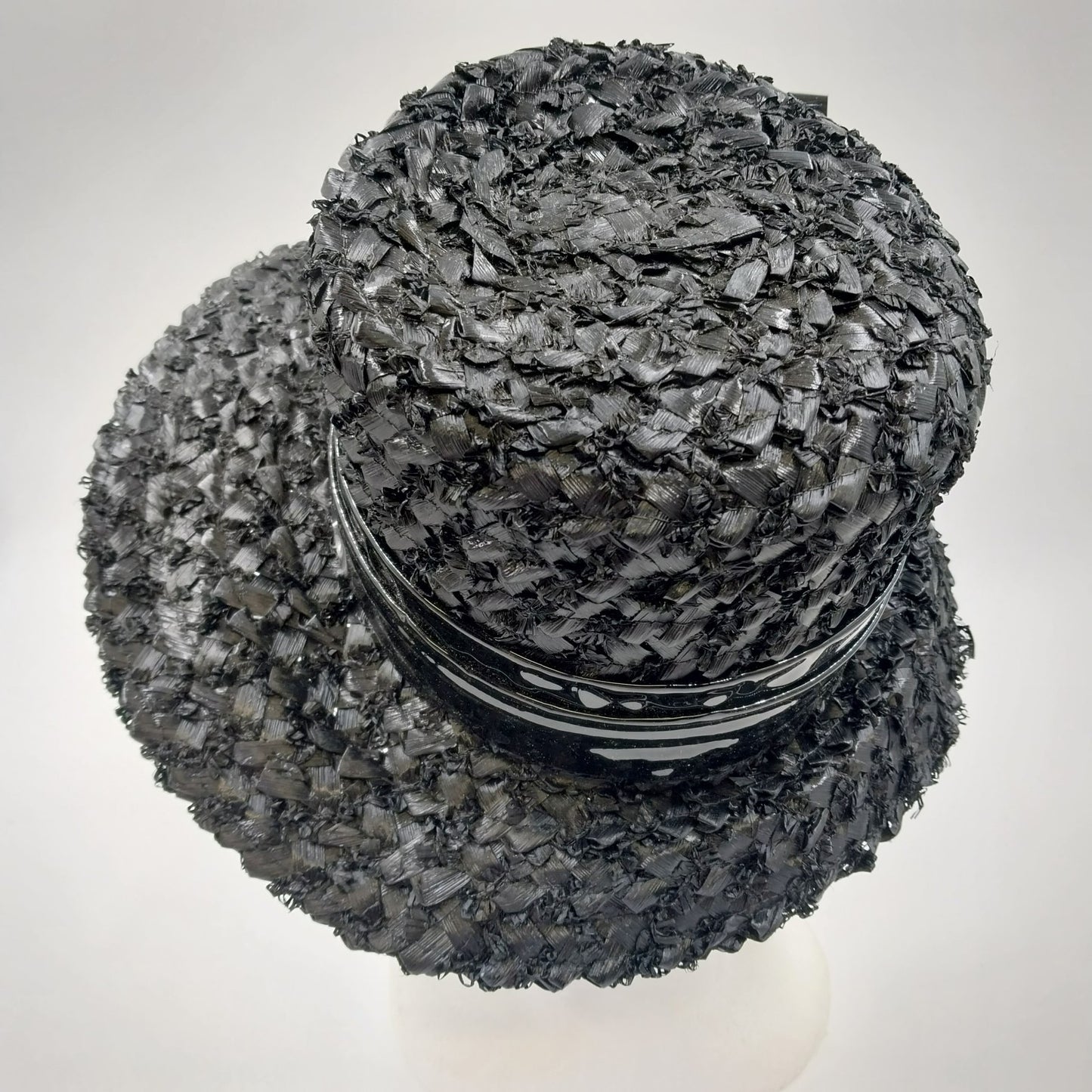 Mr. Lewis Black Raffia Woven Straw Hat Tall Crown Wide Brim Ribbon Bow w/ Buckle