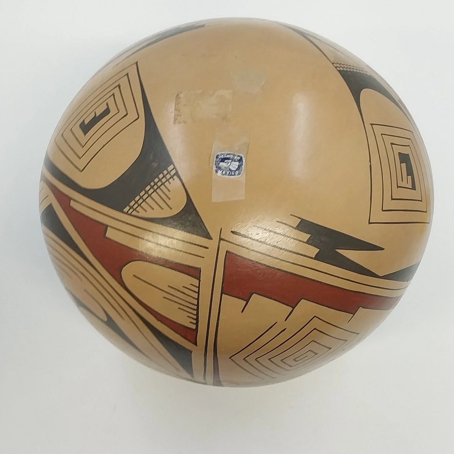 Handmade Mexican Pottery Bowl Geometric Bird Motif Tan Black Red 7" Round Bottom