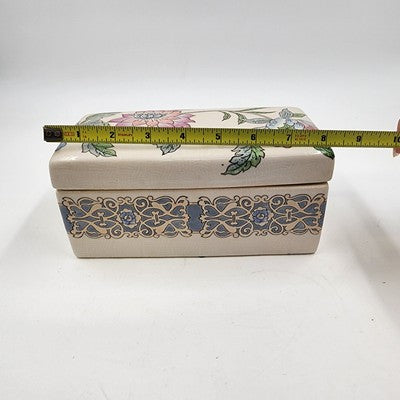 Embossed Ceramic Jewelry Box Macau Hand Painted Pink Blue Floral Design 8"x4"x4"