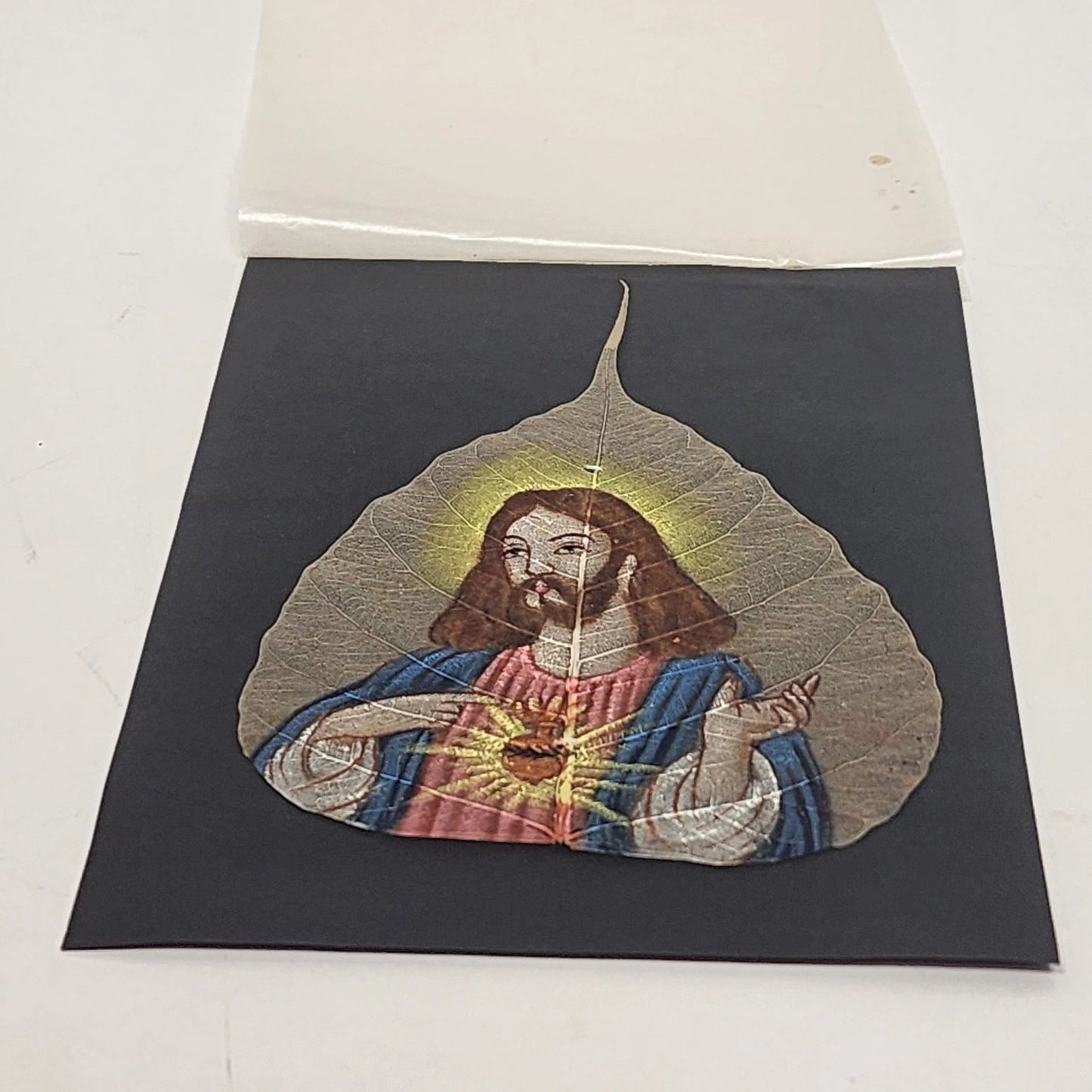 Sacred Heart of Jesus Peepal Leaf Painting Hand Painted Skeleton 6.5" Unframed