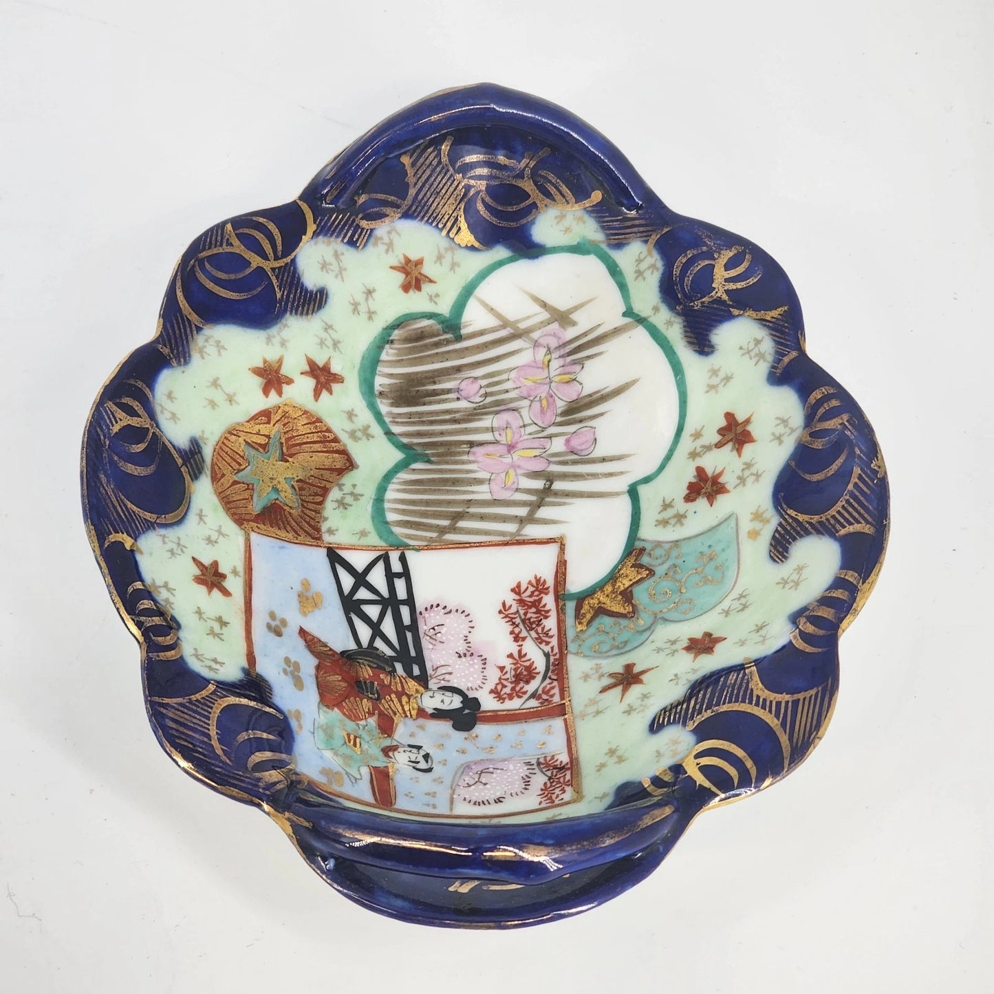 2 Japanese Porcelain Oval Dishes Hand Painted Raised Cobalt Blue Handles 8"x6.5"