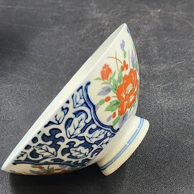 Set of 6 Japanese Imari Porcelain Bowls – Footed Noodle Ramen Flower Design | Vintage Red & Blue