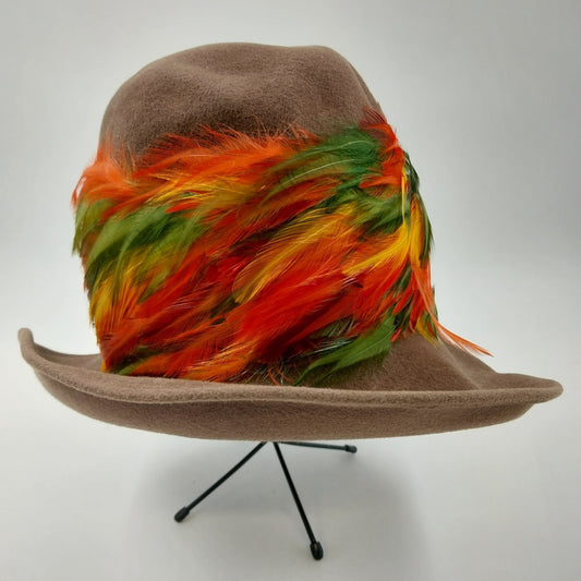 Mr Josephs Original Brown Fedora Felt Coche Hat w Multicolor Feathers New York