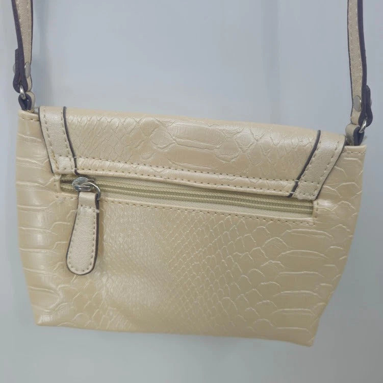 Kathy Van Zeeland Beige Croc Crossbody Bag Studded Rhinestone Heart Clasp Vtg